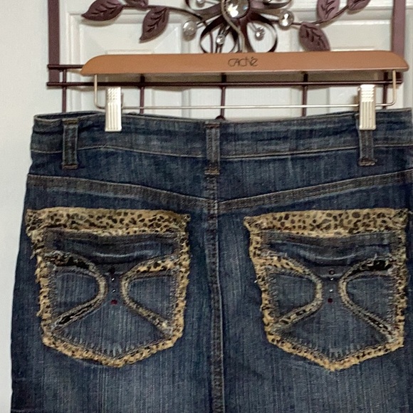 Cache Vintage Denim Skirt w/ Leopard/Lace/Crystal Embellishments - Picture 2 of 11